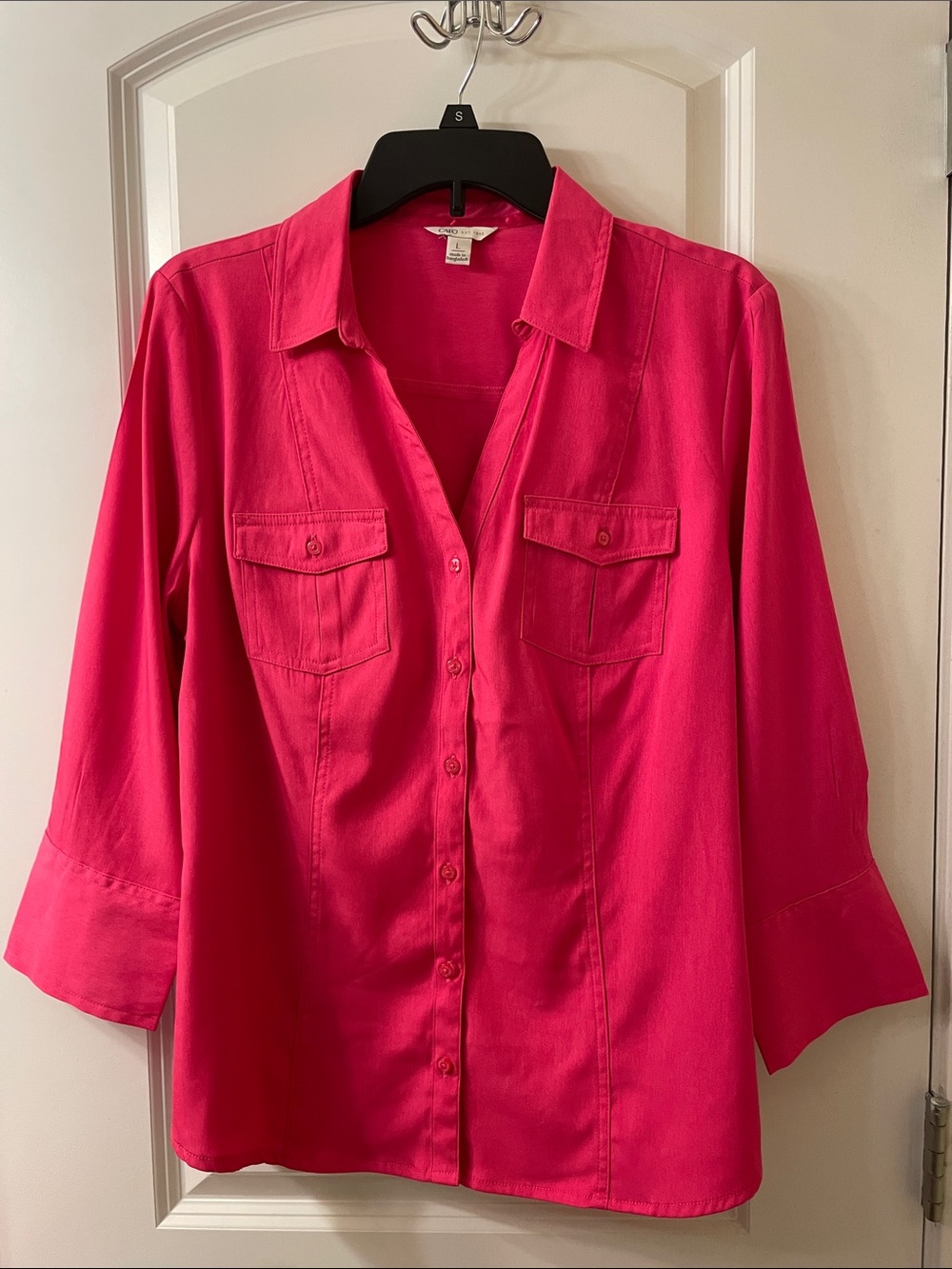 Cato Hot Pink 3/4 Sleeve Button-Down Shirt with Chest Pockets